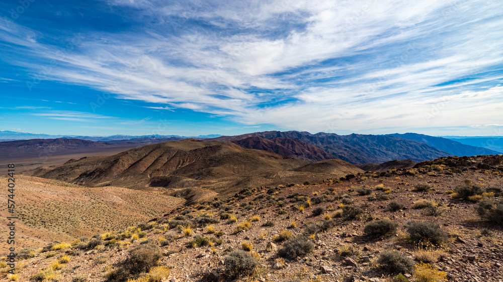 panorama of death valley national park seen from dante's view peak lookout; famous desert in california during spring