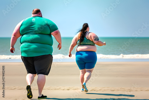 Two people, a very fat man and a woman, a married couple are running along the beach on the coast of ocean sea. Cardio load weight loss concept, health, decided to lose weight together. Generative AI