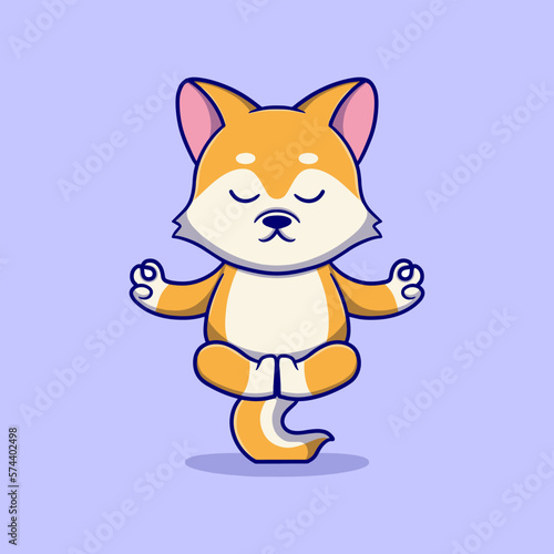 Cute wolf meditate cartoon icon illustration