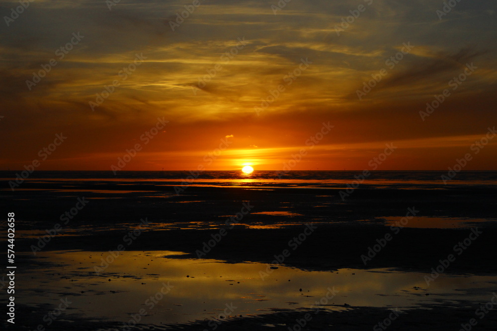 Sunset on the North Sea in the Lower Saxony Wadden Sea off Cuxhaven