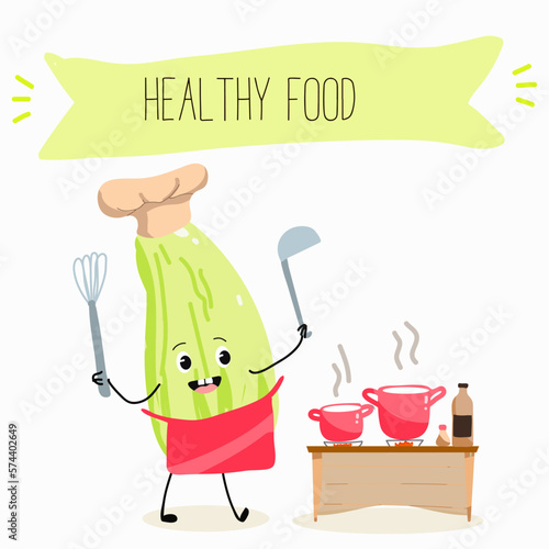 Illustration with funny characters marrow, pattypan,courgette, crop, zucchini, patisson.  Funny and healthy food. Vitamins, cute face food, ingredients, vegetarianism, vector cartoon, antioxidant.