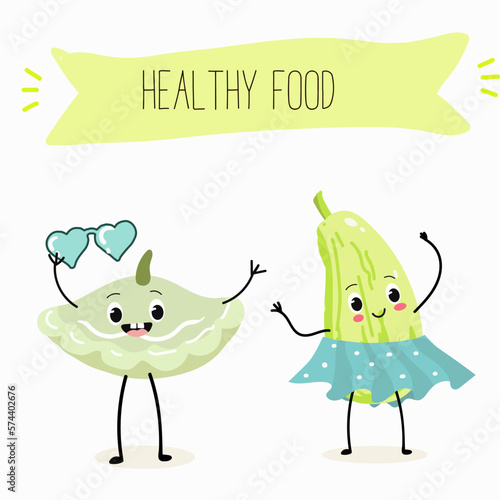 Illustration with funny characters marrow, pattypan,courgette, crop, zucchini, patisson.  Funny and healthy food. Vitamins, cute face food, ingredients, vegetarianism, vector cartoon, antioxidant.