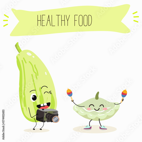 Illustration with funny characters marrow, pattypan,courgette, crop, zucchini, patisson.  Funny and healthy food. Vitamins, cute face food, ingredients, vegetarianism, vector cartoon, antioxidant.