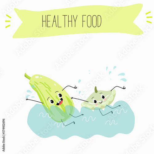 Illustration with funny characters marrow, pattypan,courgette, crop, zucchini, patisson.  Funny and healthy food. Vitamins, cute face food, ingredients, vegetarianism, vector cartoon, antioxidant.