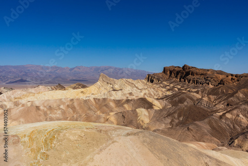 Badlands view from Zabriskie Point. Zabriskie Point is a part of the Amargosa Range located east of Death Valley in Death Valley National Park in California  USA.