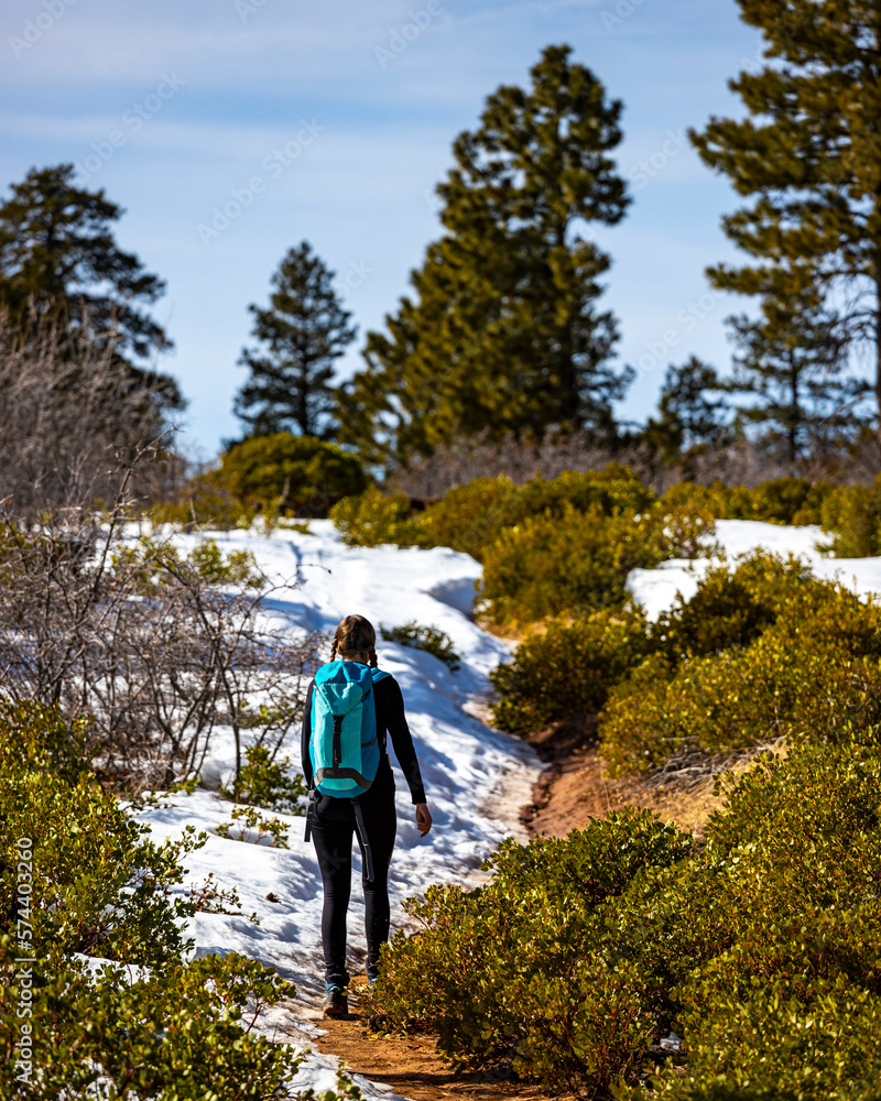 backpacker girl hiking through zion national park in utah; hiking in the usa during spring