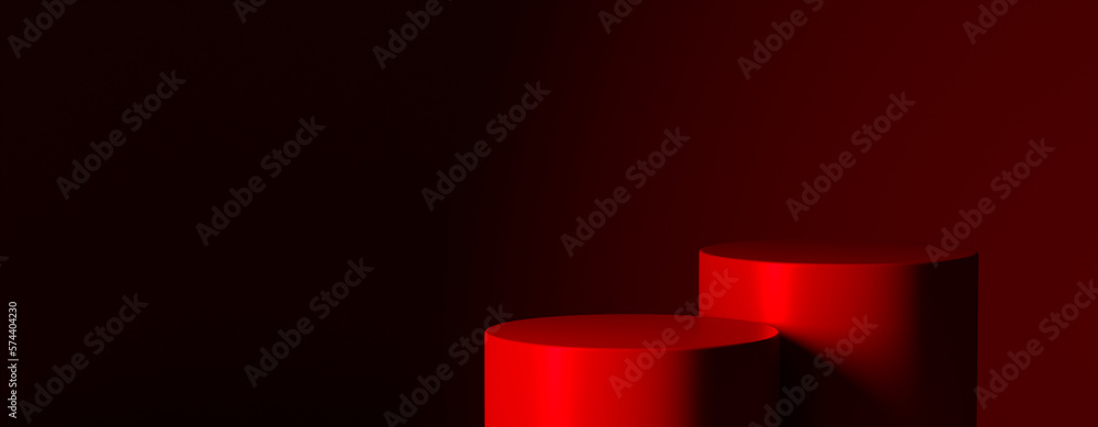 Obraz premium Red podium for premium product placement on dark background. Pedestal studio display mockup. luxury platform stand design template.