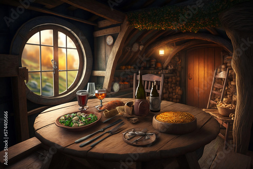 Inside a fantasy wooden hut  a table is set with food  creating a cozy interior atmosphere  Generative Ai