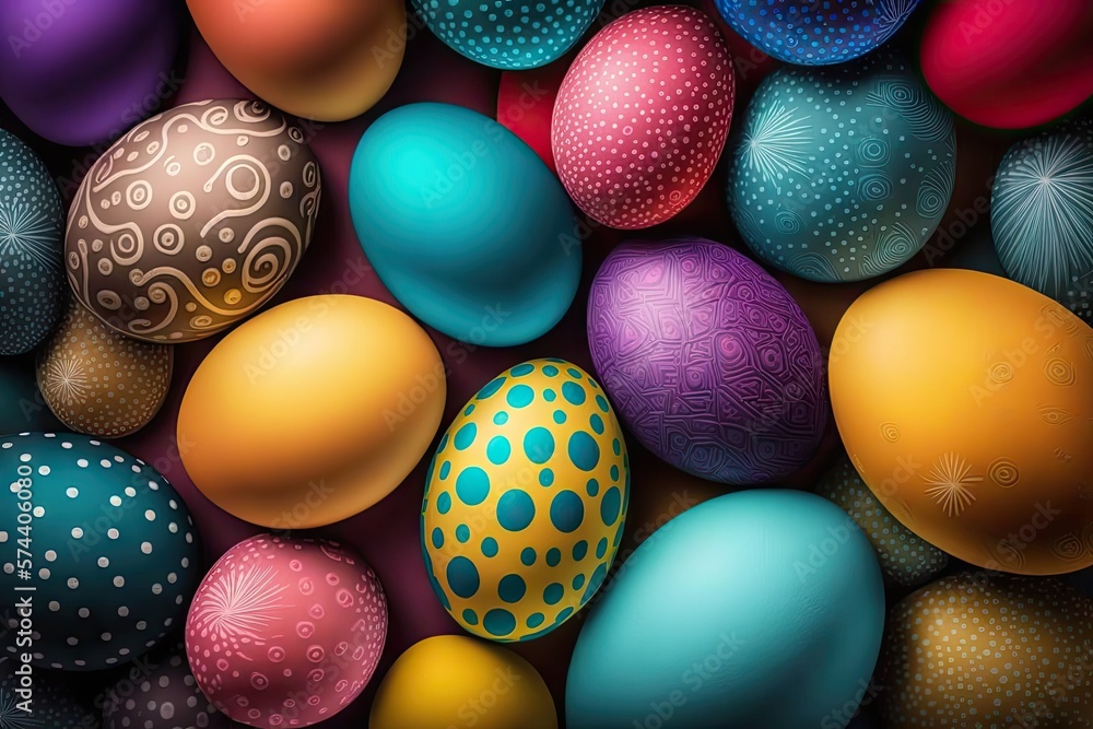 Colorful Easter eggs with patterns on wallpaper background - Generative AI Colorful Easter eggs with patterns on wallpaper background - Generative AI