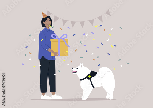 A dog owner celebrating his puppy's anniversary, a big gift box, a party hat, festive decorations