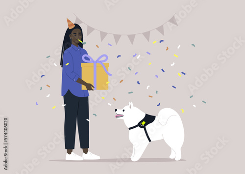 A dog owner celebrating his puppy's anniversary, a big gift box, a party hat, festive decorations