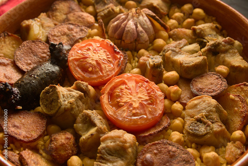 Close-up of a casserole of baked rice, typical dish of Xàtiva (Valencia, Spain)