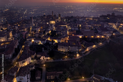 High point of view at buildings in Bergamo Alta during dusk  Lombardy Italy.