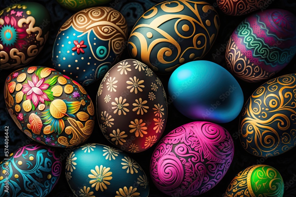 Colorful Easter eggs with patterns on wallpaper background - Generative AI Colorful Easter eggs with patterns on wallpaper background - Generative AI