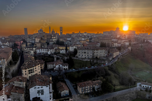 High point of view at buildings in Bergamo Alta during dusk, Lombardy Italy. © Marco