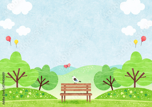 Fotomurale 自然に囲まれた公園のベンチにとまる小鳥 新緑の水彩背景イラスト