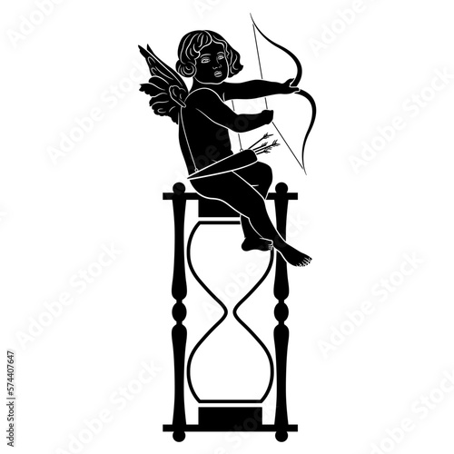 Antique god of love Cupid or Amur as Putto child sitting on a hourglass or sand clock with bow and arrows. Romantic Valentine's Day design. Black and white silhouette.