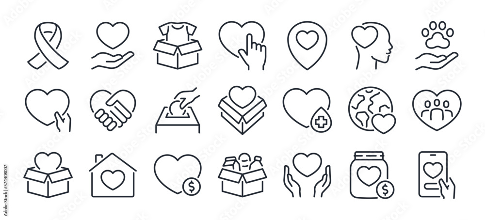 Care, help, charity and donation editable stroke outline icons set  isolated on white background flat vector illustration. Pixel perfect. 64 x 64. - obrazy, fototapety, plakaty 