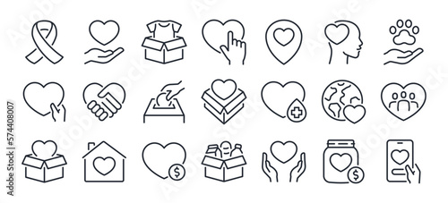 Fotografia Care, help, charity and donation editable stroke outline icons set  isolated on white background flat vector illustration