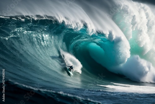 Surfista surfeando gran ola gigante en día soleado. Generative ai.