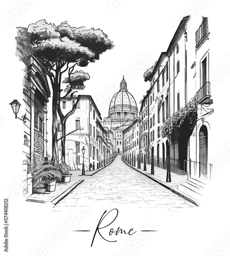 Rome city's street in sketch art style, outlined landscape