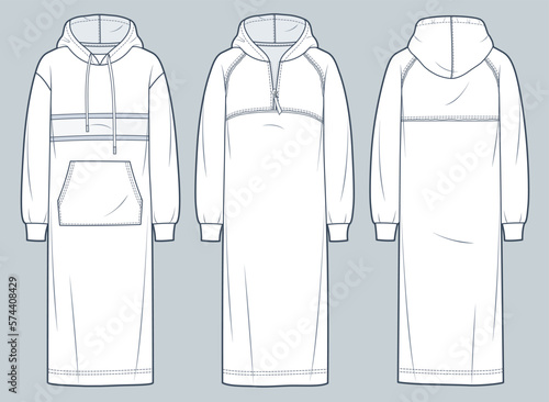 Hooded Sweatshirt technical fashion illustration. Raglan sleeve midi Dress fashion flat technical drawing template, zip-up, front and back view, white color, women, men, unisex CAD mockup set.