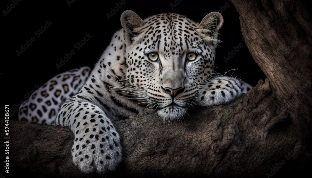 Fototapeta premium White leopard lying on tree on nature background. Generative AI