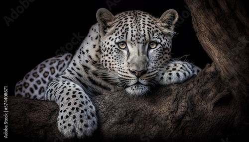 White leopard lying on tree on nature background. Generative AI