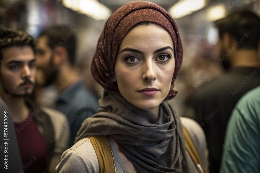 Muslim woman at a middle eastern city street market looking at the camera. generative AI Muslim woman at a middle eastern city street market looking at the camera. generative AI