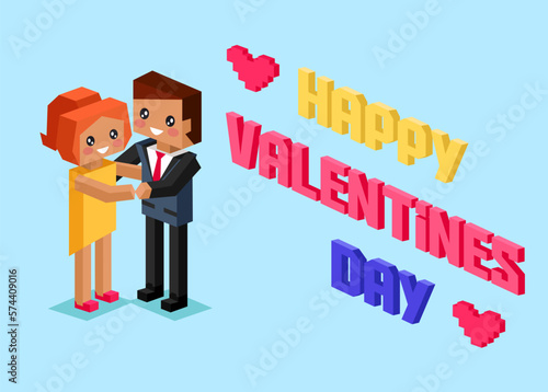 Happy Valentines Day poster in pixel art style. Love message. Pixel pink hearts and pixelated couple in love. Proposal for marriage at Valentines day. Honesty, romantic, relationship. Greeting Card