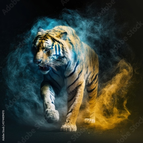 Tiger illustration with colored dust clouds. Made with Generative AI.