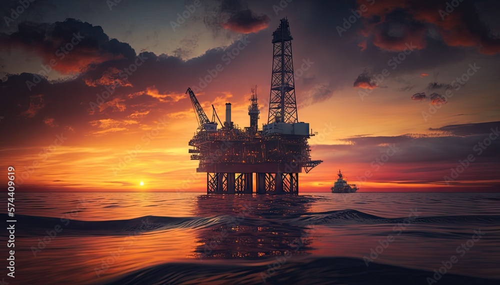 Golden Hour Offshore Oil Platform at Sunset. Generative AI