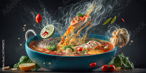 Thai food. Tom yam kung or Tom yum, Tom yam is a spicy clear soup typical in Thailand - Generative AI