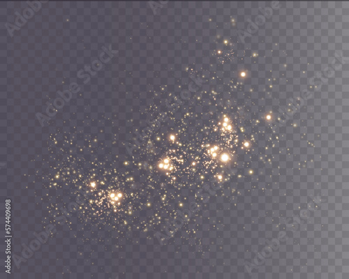 Christmas background. Powder dust light PNG. Magic shining gold dust. Fine, shiny dust bokeh particles fall off slightly. Fantastic shimmer effect. Vector illustrator.	