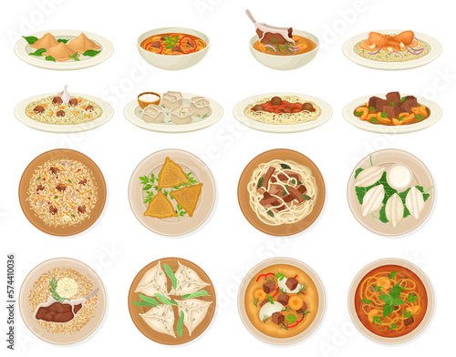 Traditional Dishes of Uzbek Cuisine with Pilaf and Lagman Big Vector Set