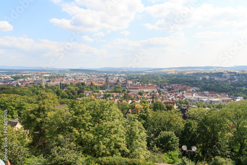 Panorama view of city Fulda with church Fulda Cathedral and Rhön mountains in the background, Germany
