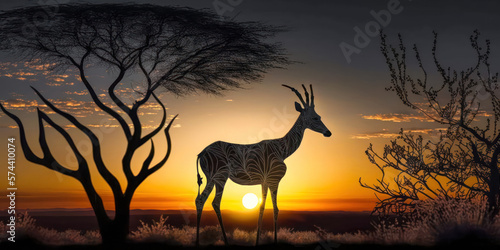 Abstrakter Surrealer Sonnenuntergang in der afrikanischen Steppe mit wilden Tieren Illustration Generative AI Digital Art Hintergrund  Reisedoku 