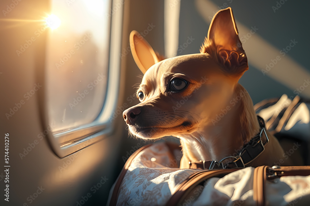 Happy traveler dog in bag transportation in airplane and train transport. Concept travel with pet animal. Generation AI - obrazy, fototapety, plakaty 