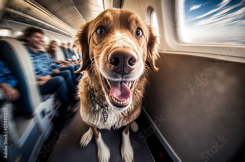 Concept trip with pet animal. Happy Taveler dog tourist fly on plane. Generation AI photo