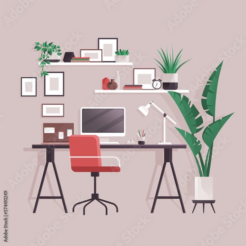 Modern home office interior. Remote workplace with desk, chair, computer and potted plants. Front view of empty working place with furniture. Interior for freelancer. Work table with wheelchair
