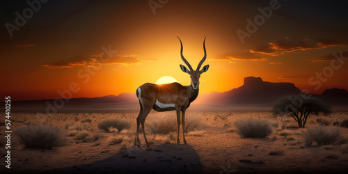 Abstrakter Surrealer Sonnenuntergang in der afrikanischen Steppe mit wilden Tieren Illustration Generative AI Digital Art Hintergrund  Reisedoku  © Korea Saii