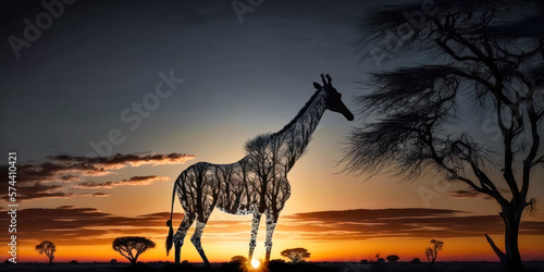 Abstrakter Surrealer Sonnenuntergang in der afrikanischen Steppe mit wilden Tieren Illustration Generative AI Digital Art Hintergrund Reisedoku 