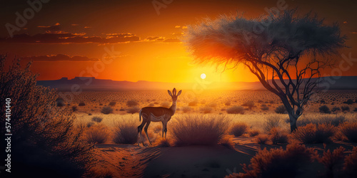 Abstrakter Surrealer Sonnenuntergang in der afrikanischen Steppe mit wilden Tieren Illustration Generative AI Digital Art Hintergrund  Reisedoku  photo