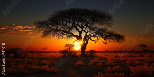 Abstrakter Surrealer Sonnenuntergang in der afrikanischen Steppe mit wilden Tieren Illustration Generative AI Digital Art Hintergrund Reisedoku 