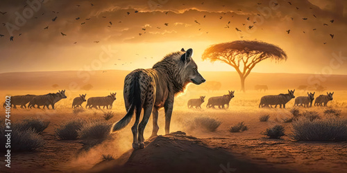 Abstrakter Surrealer Sonnenuntergang in der afrikanischen Steppe mit wilden Tieren Illustration Generative AI Digital Art Hintergrund  Reisedoku  photo