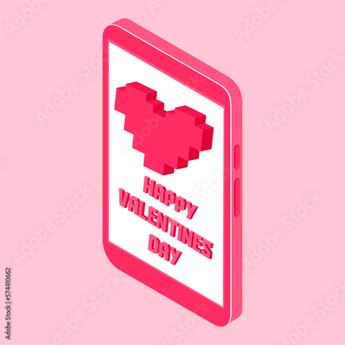 Love message or Happy Valentines Day banner pixel art with red hearts on pink background, sms on smartphone screen. Greeting Card to lovers for holiday. Falling in Love. Modern pixelated design