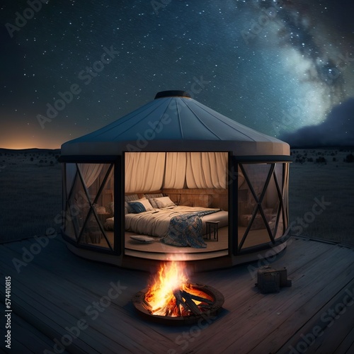 Traditional mongolian yurt interior with fire and milky way photo