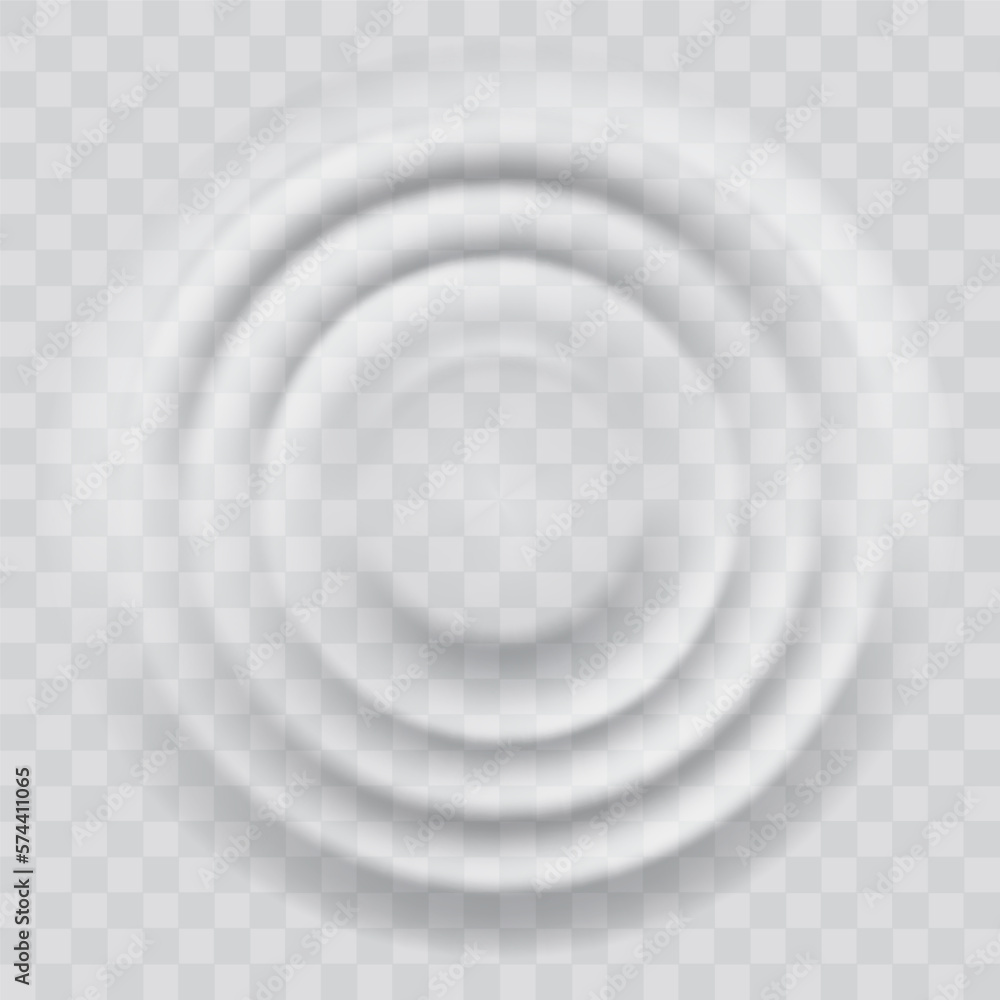 Water ripple effect top view. Realistic caustic drop or sound wave splash effect, concentric circles in puddle. Vector round wave surface on transparent background - obrazy, fototapety, plakaty 