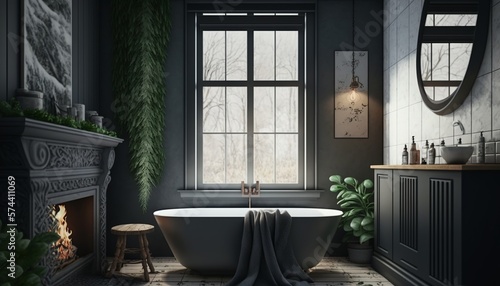 Scandinavian style bathroom interior with charcoal color bathtub  towel and big window Generative AI