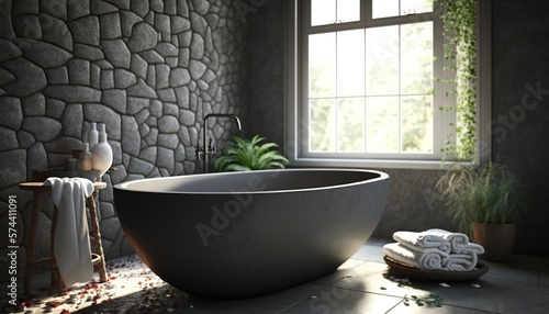 Scandinavian style bathroom interior with charcoal color bathtub, towel and big window Generative AI